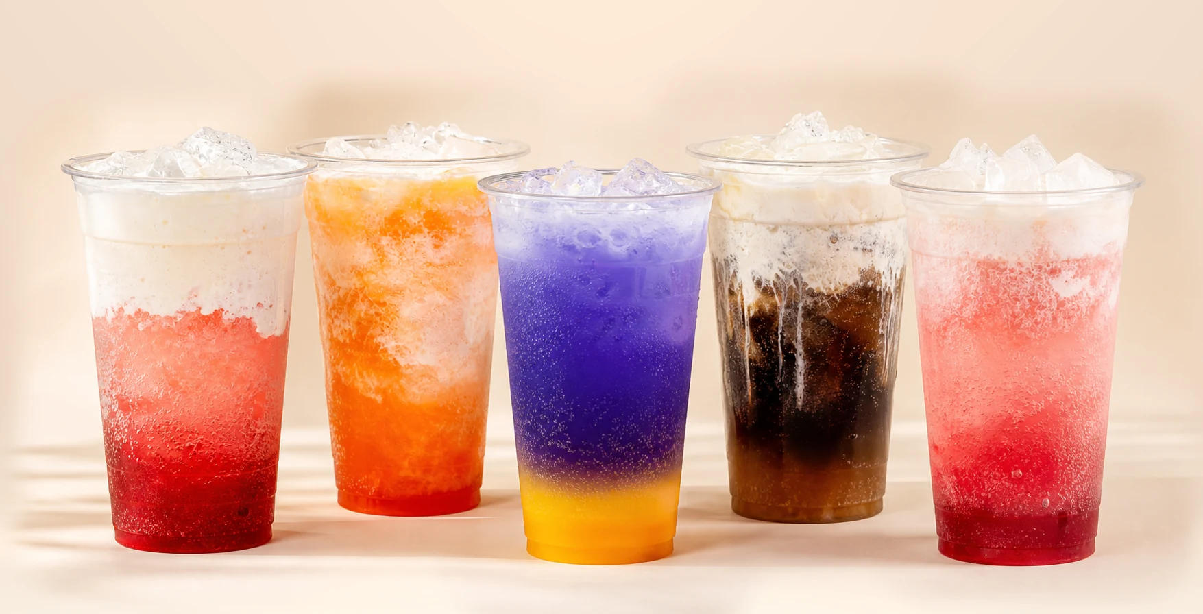 Five Menu Six dirty soda drinks lined up on a clean light background