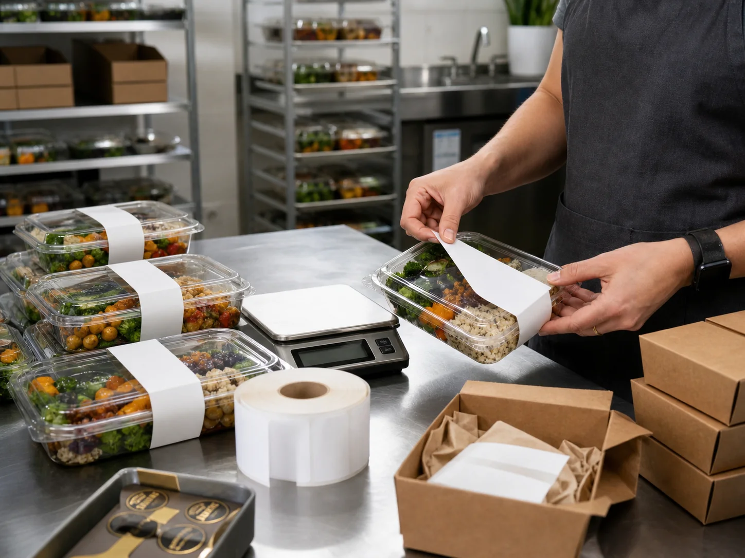 Food entrepreneur labeling prepared meal containers at an organized packing station